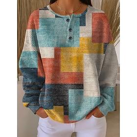Women's Pullover Sweatshirt Buttons Graphic Geometric Fashion Casual Print Long Sleeve Crew Neck Regular Tops Casual Home Work Yellow Red Orange Green Spring F