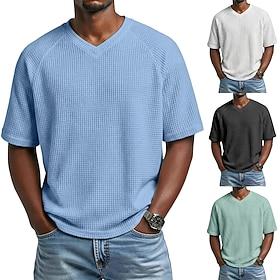 Men Waffle T-shirt Tee Top Short Sleeve V Neck Summer Solid Color Fashion Designer Casual Raglan Sleeves Casual Daily Outdoor Light Blue Black White Top Tee fo