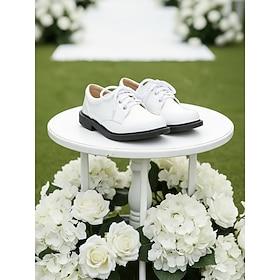 Kid's Classic White Lace-Up Dress Shoes for Boys, Faux Leather Formal Oxford Style with Durable Sole, Comfortable Wedding Flower Boy Shoes Ideal for Ceremonies