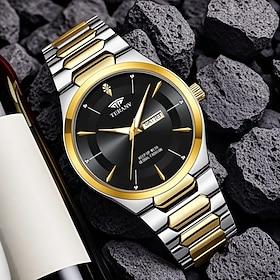 Men's Watch Luxury Two-Tone Gold Silver Stainless Steel Bracelet, Black Dial Day Date Waterproof Quartz Wristwatch, Fashion Business Dress Watch, Gift for Men