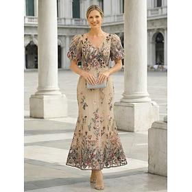 Havfrue Ankellængde Cocktailkjoler Elegant glitrende Blomster Kortærmet V-hals Aftenselskab Havefest Satin Tyl med Broderet blomst Perlearbejde Broderi