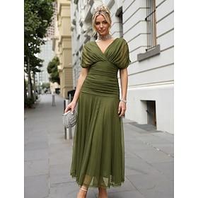 A-linje Ankellængde Formel kjole Cocktailkjoler Elegant Kortærmet V-hals Bryllup Formel Tyl Strækstof med Krøllede Folder