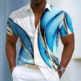 Men's Geometric Lines / Waves Abstract Art Shirt Button Up Shirt Short Sleeve Fashion Casual Daily Outdoor Vacation Summer Spring Turndown 3D Print Linen Like