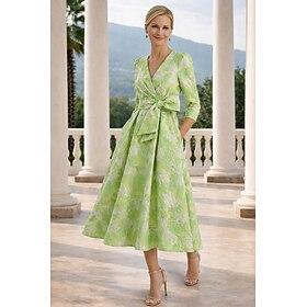 A-linje Te-længde Cocktailkjoler Elegant Årgang Blomster Langærmet V-hals Havefest Bryllup Lomme Jacquard med Blomsterprint Sløjfe(r)