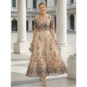 A-linje Ankellængde Cocktailkjoler Elegant Årgang Blomster Kortærmet V-hals Havefest Bryllup Satin Tyl Cowlhals med Blomsterprint Broderet blomst Plissé