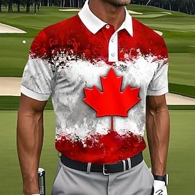 Herre Blad Golf Sports polo shirts Kortærmet Polo skjorter Knaphul Afslappet atletiktøj Dagligdagstøj 3D-udskrivning Knapper Sommer Forår Rød
