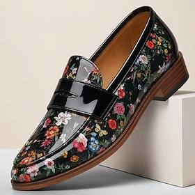 Sorte herreloafers med blomsterprint, slip-on, statement-pæne sko med blanke stropper og herrefodtøj til bryllupper, banketter, fester og elegant aftentøj