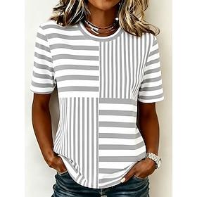 Women's T Shirt Print Striped Graphic Striped Vintage Stylish Classic Short Sleeve Crew Neck Regular Tops Casual Daily Blue Purple Gray Summer Spring