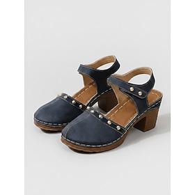 Women's Blue Closed-Toe Block Heel Sandals - Comfort Sandals with Studded Detail and Adjustable Ankle Strap, Casual Mid-Heel Shoes for Everyday Wear, Garden Pa