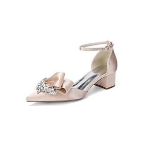 Women's Champagne Satin Block Heel Pumps - Crystal Bow Elegant Shoes for Cocktail Parties and Evening Events
