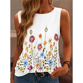 Dame T-shirt Ærmeløs skjorte Trykt mønster Blomstret Grafisk Boheme Årgang Stilfuld Uden ærmer Rund hals Almindelige toppe Afslappet Daglig Weekend Blå Hvid Rø