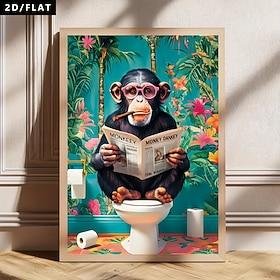 2D Flat, 1pc Animals, Fun Gorilla Sitting On The Toilet Reading Newspaper Wall Art Decoration, Posters, Canvas Paintings, Oil Paintings, Modern Style, Perfect