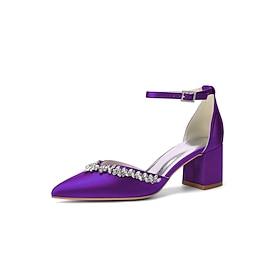 Women's Dark Purple Satin Block Heel Pumps - Crystal Embellished Elegant Shoes for Cocktail Parties and Evening Events