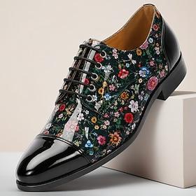 Herresko med sorte blomsterprint og oxford-sko med snørebånd, statement-pæne sko, blanke hættetåsko til herrer, bryllupper, banketter, fester og moderigtige af