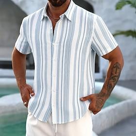Men's Geometric Striped Shirt Button Up Shirt Short Sleeve Fashion Casual Daily Outdoor Beach Vacation Wear Summer Spring Turndown 3D Print Linen Like Shirt Bl