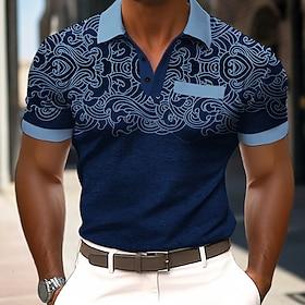Men's Geometric Polo Shirts Short Sleeve Polo Shirts Collared Shirts Casual Outdoor Athleisure Daily Wear 3D Print Buttons Summer Spring Blue Purple Army Green