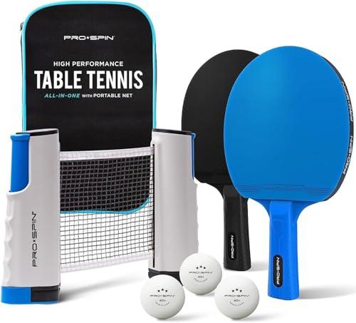 PRO-SPIN All-in-One Ping Pong Set - Retractable Ping Pong Net for Any Table (72"), Ping Pong Paddles and Balls, Storage Case (2-Player Ultra-Comfort Set, Blue/Black)