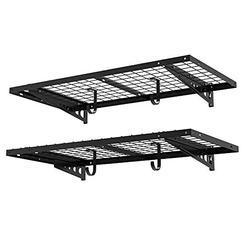 FLEXIMOUNTS 2 Pack 2x4ft Garage Storage with 4 Hooks 24x48 inch Bike Wall Shelving Rack, 660lbs Total Weight Capacity, Black, Pro Series