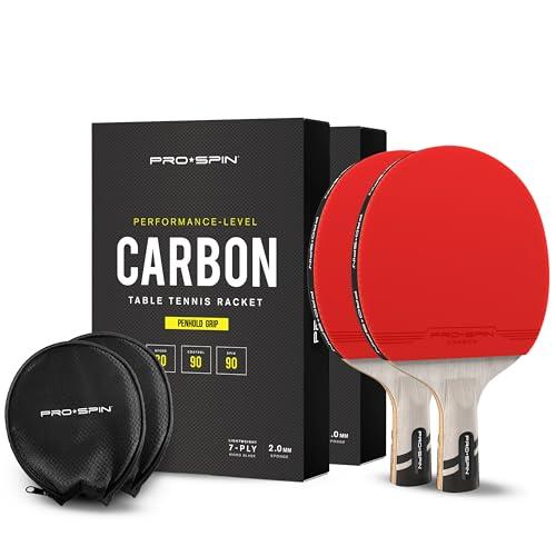 PRO-SPIN Carbon Ping Pong Paddles - Penhold Short Grip, Premium Table Tennis Rackets with Carbon Fiber | Professional-Level 7-Ply Blade, Premium Rubber, 2.0mm Sponge | Rubber Protector Case (2-Pack)