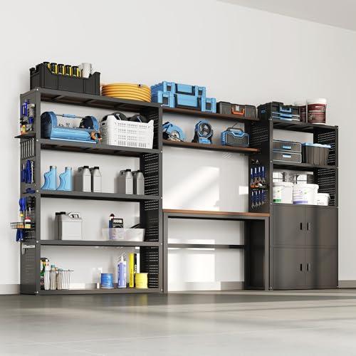 FLEXIMOUNTS Garage Storage Cabinet System, 3-in-1 Modular Metal Tool Cabinet w/ Workbench and Particle Board Shelf Includes Pegboard, 24-Gauge Steel, 129"(L) w/ 2 Doors, Black, FLEXIMOD Series