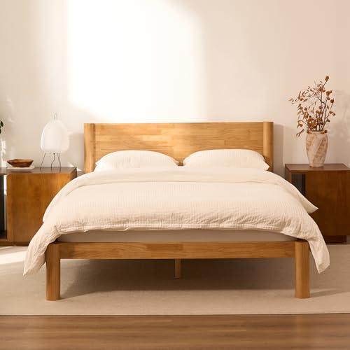 FLEXISPOT Hako G2 Japanese Joinery Bed Frame, Solid Rubberwood Queen Platform Bed with Storage Headboard, IAS&SGS Certified, Japandi Minimalist Style, No Tools Assembly, 10-Year Warranty, Natural Oak
