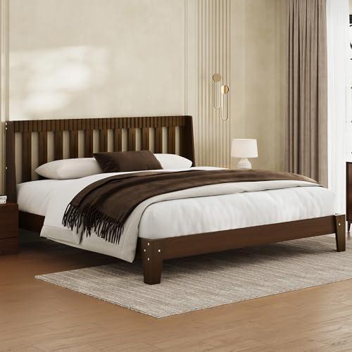 Uteeran King Size Bed Frame with Headboard, Mid-Century Modern Wood Bed Frame with Fluted Headboard & Curved Wings, Noise-Free, No Box Spring Needed, Wood Slat Support, Easy Assembly, Walnut Brown