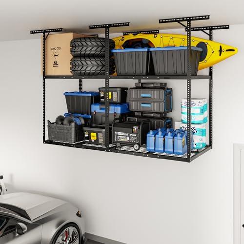 FLEXIMOUNTS 3x8ft 2-Tier Garage Ceiling Storage Rack, Adjustable Overhead Garage Storage System, Heavy Duty Metal Shelving, 1000 lbs Capacity, Ideal for 9–15ft High Ceilings, Black