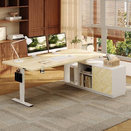 FLEXISPOT L Shaped Standing Desk with Drawers, Large Electric Height Adjustable Executive Desk, Sit Stand Desk for Home Office and Workstation, PC Cabinet (63"x32" White Wood Grain)