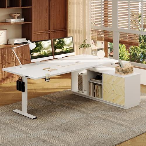 FLEXISPOT L Shaped Standing Desk with Drawers, Large Electric Height Adjustable Executive Desk, Sit Stand Desk for Home Office and Workstation, PC Cabinet (63"x32" White)