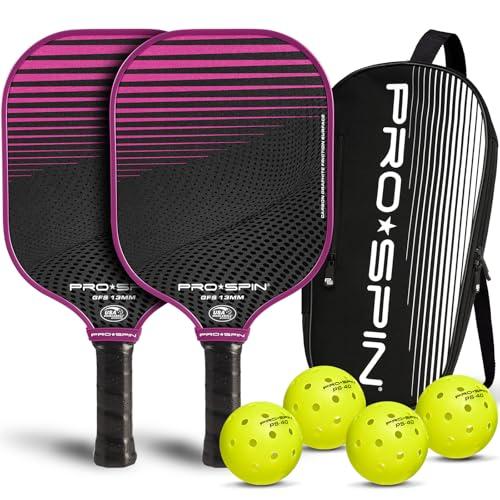 PRO-SPIN Pickleball Paddles Set of 2 – USAPA Approved Graphite Carbon Paddle with Indoor & Outdoor Balls, Carry Bag & Cover (Pink, 2-Player Set)