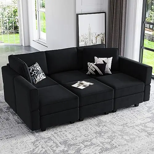 Belffin Modular Velvet Sectional Sofa with Chaise Lounge Sectional Sleeper Sofa with Storage Chaise Sofas Bed Couch for Living Room Black