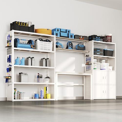 FLEXIMOUNTS Garage Storage Cabinet System, 3-in-1 Modular Metal Tool Cabinet w/ Workbench and Particle Board Shelf Includes Pegboard, 24-Gauge Steel, 129"(L) w/ 2 Doors, White, FLEXIMOD Series