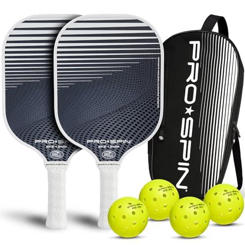 PRO-SPIN Pickleball Paddles Set of 2 – USAPA Approved Graphite Carbon Paddle with Indoor & Outdoor Balls, Carry Bag & Cover (White, 2-Player Set)