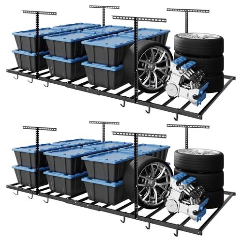 FLEXIMOUNTS 4x8 Overhead Garage Storage Rack with 6 Hooks, Adjustable Storage Organization System, Heavy-Duty Metal Ceiling Racks, 22.6" -39.4" Ceiling Dropdown, 2 Pack, Black, Lite Series