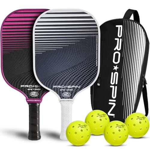 PRO-SPIN Pickleball Paddles Set of 2 – USAPA Approved Graphite Carbon Paddle with Indoor & Outdoor Balls, Carry Bag & Cover (Pink/White, 2-Player Set)