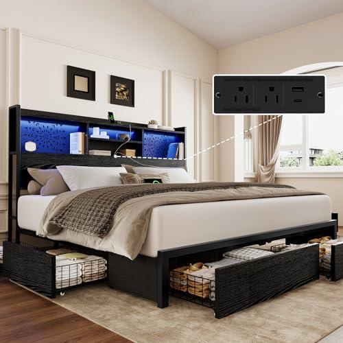 Vintage Queen Bed Frame with 6 Drawers, LED Lights & Charging Station