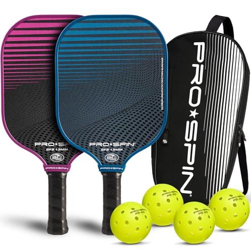 PRO-SPIN Pickleball Paddles Set of 2 – USAPA Approved Graphite Carbon Paddle with Indoor & Outdoor Balls, Carry Bag & Cover (Blue/Pink, 2-Player Set)