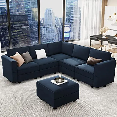 Belffin Modular Sectional Sofa with Storage Seats Velvet L Shaped Corner Couch Convertible Sectional Sofa with Chaise (Blue, L Shape-1)…