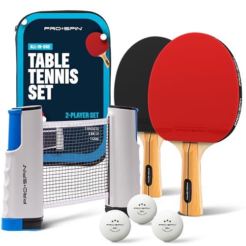 PRO-SPIN Portable Ping Pong Set with Retractable Ping Pong Net for Any Table, All-in-One Table Tennis Set with Ping Pong Paddles, Balls & Case, Table Top Family Game (2-Player Set | Active Red)