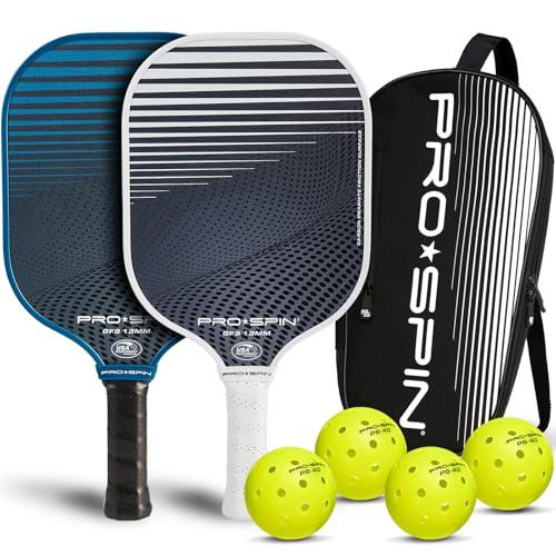 PRO-SPIN Pickleball Paddles Set of 2 – USAPA Approved Graphite Carbon Paddle with Indoor & Outdoor Balls, Carry Bag & Cover (Blue/White, 2-Player Set)