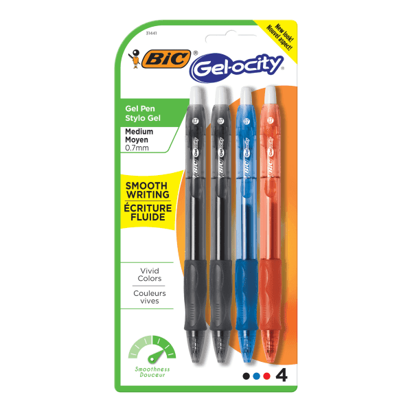 BIC Gelocity Retractable Gel Ink Rollerball Pens, Medium Point, 0.7 mm, Assorted Barrels, Assorted Ink Colors, Pack Of 4