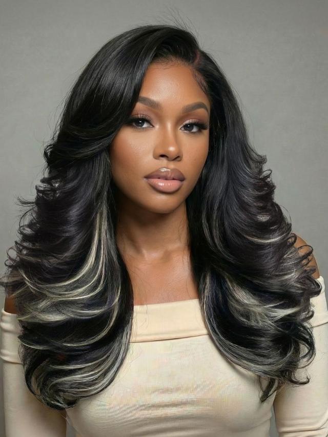 UNice Bye-Bye Knots™ 7x5 Lace Ash Highlights on Black Hair Feathered Hairstyles 200% Density Wig with Side Bangs