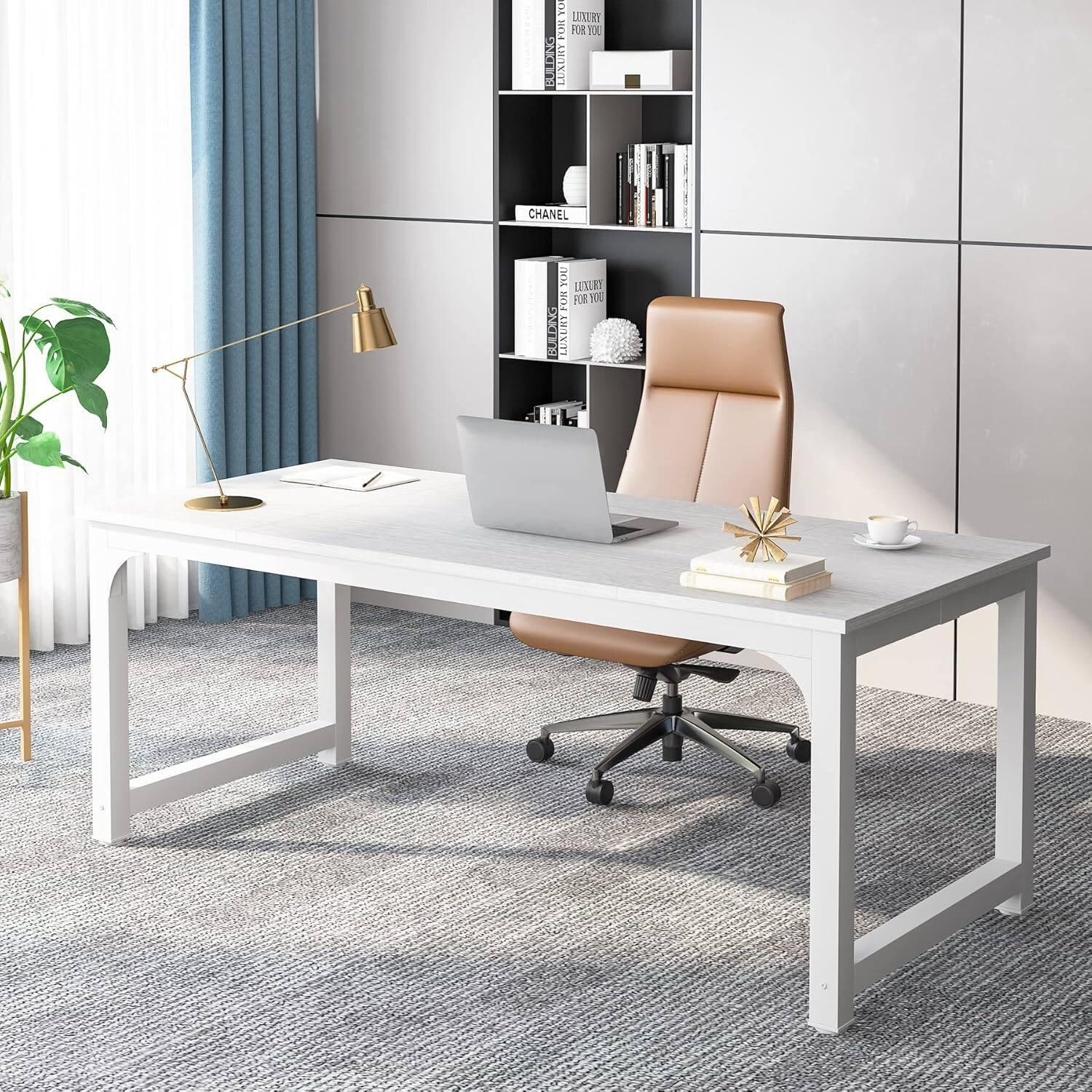 TinyHomie - 71INCH Executive Office Desk Large Modern Computer Workstation Thick Metal Frame Business Furniture - White