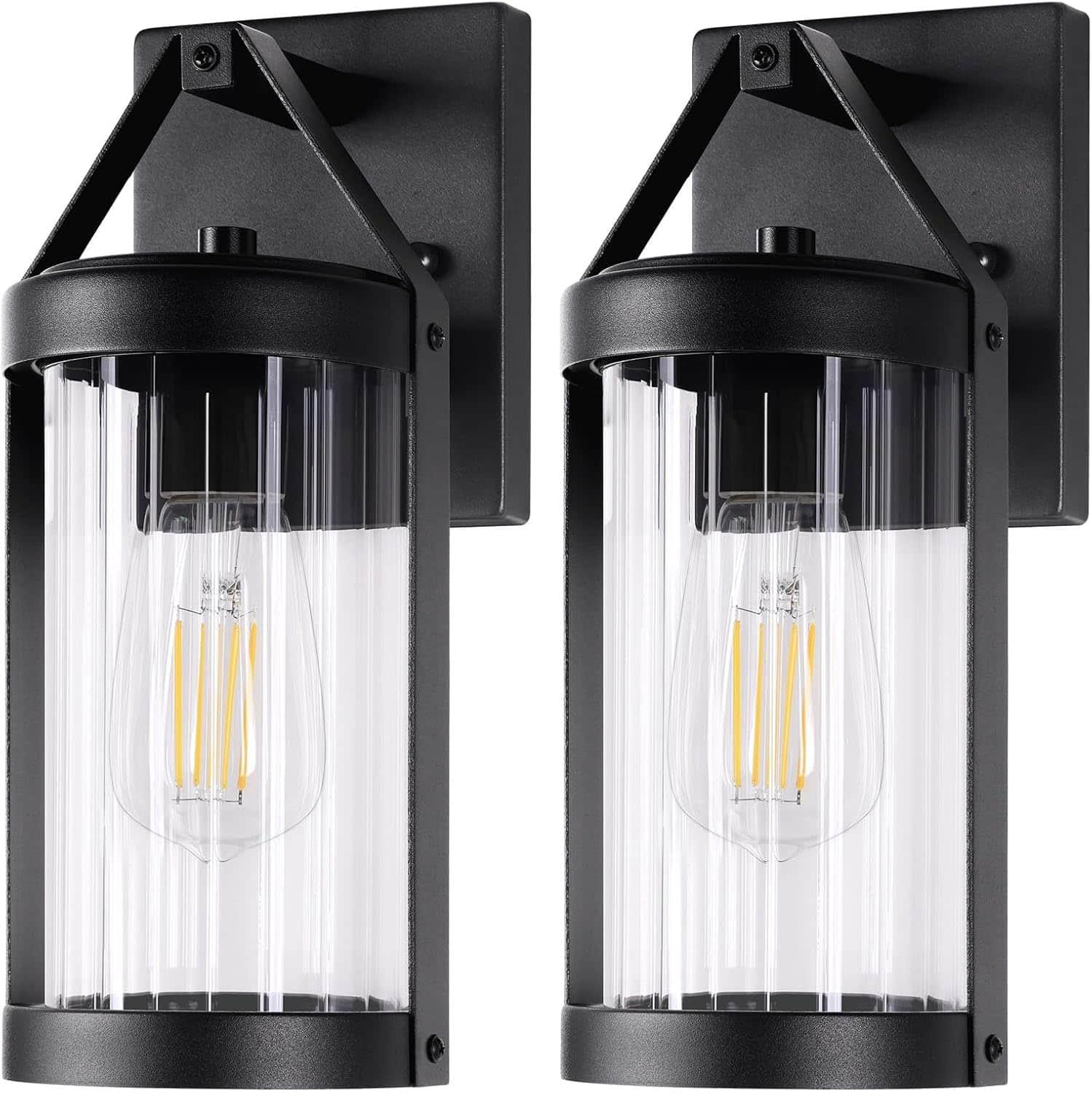 Nordic Hygge - 2-Pack Water-Resistant Matte Black Outdoor Wall Lanterns with Clear Ribbed Glass