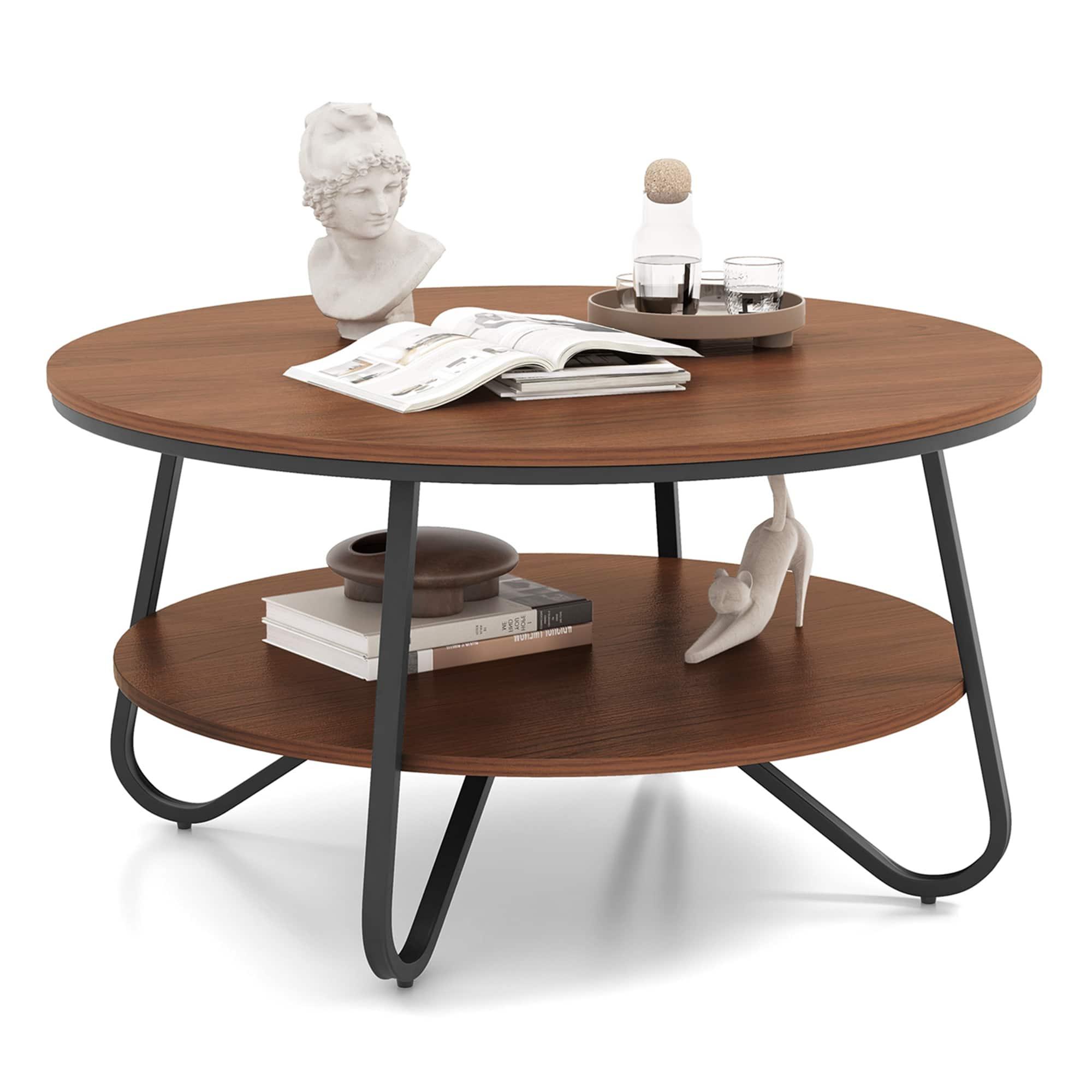 Costway - 2-Tier Round Coffee Table with Wood Grain Finish & Heavy-duty Metal Frame - Walnut