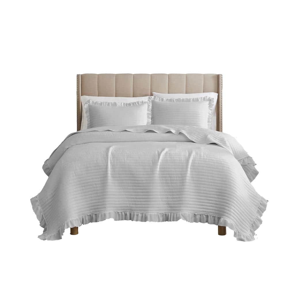 RT Designers Collection - Carla 3 Pieces Washed Stitched Lightweight Quilts Set King Size For Bedding - Silver