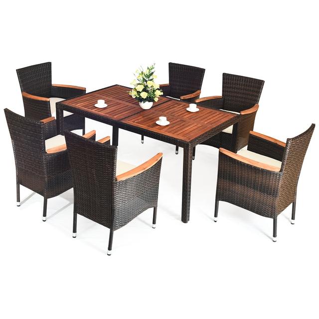 Costway - 7PCS Patio Rattan Dining Set 6 Stackable Chairs Cushioned - Brown