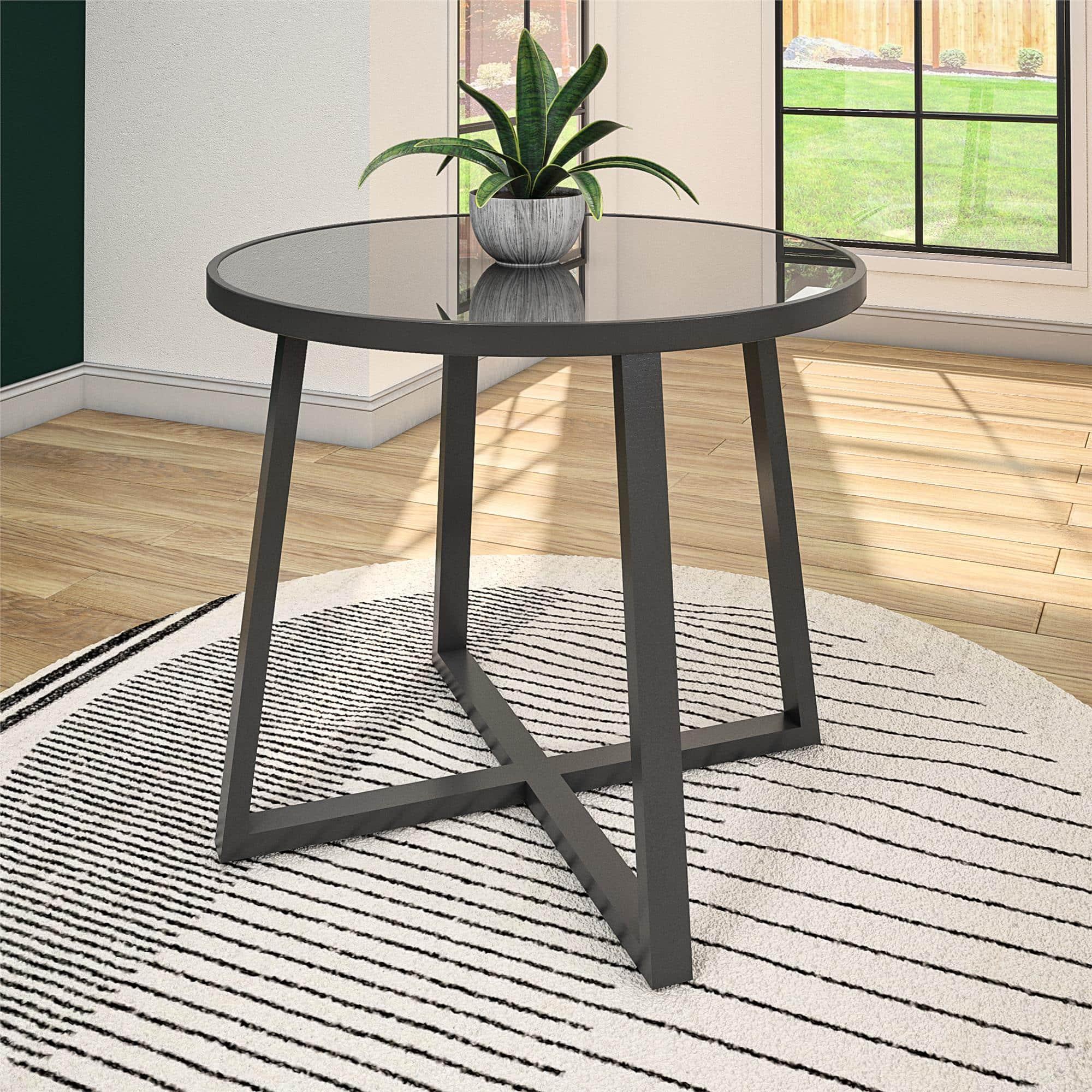Aukfa - 35" Round Indoor/Outdoor Dining Table - Glass Top, Weather Resistant Steel, 100lb Capacity, 35.4"Dia x 30"H - Black