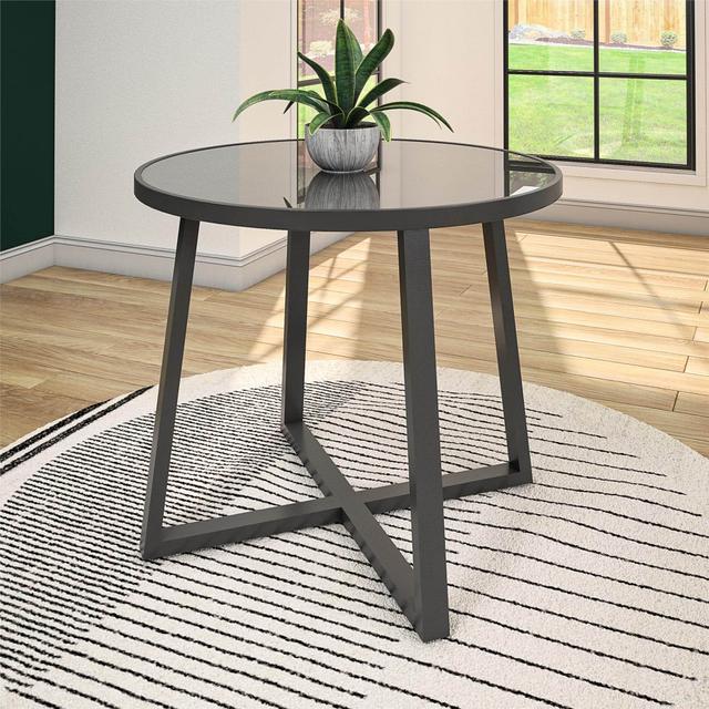 Aukfa - 35" Round Indoor/Outdoor Dining Table - Glass Top, Weather Resistant Steel, 100lb Capacity, 35.4"Dia x 30"H - Black