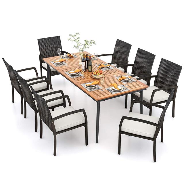 Costway - 9 PCS Patio Dining Set Outdoor Acacia Wood Dining Table with 1.9" Umbrella Hole - Natural & Black,Mix Brown,Off White